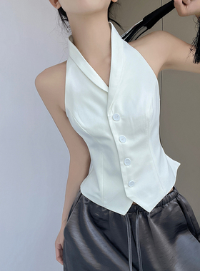 知识分子白色无袖短款西装马甲背心女夏季外穿露肩设计感修身上衣