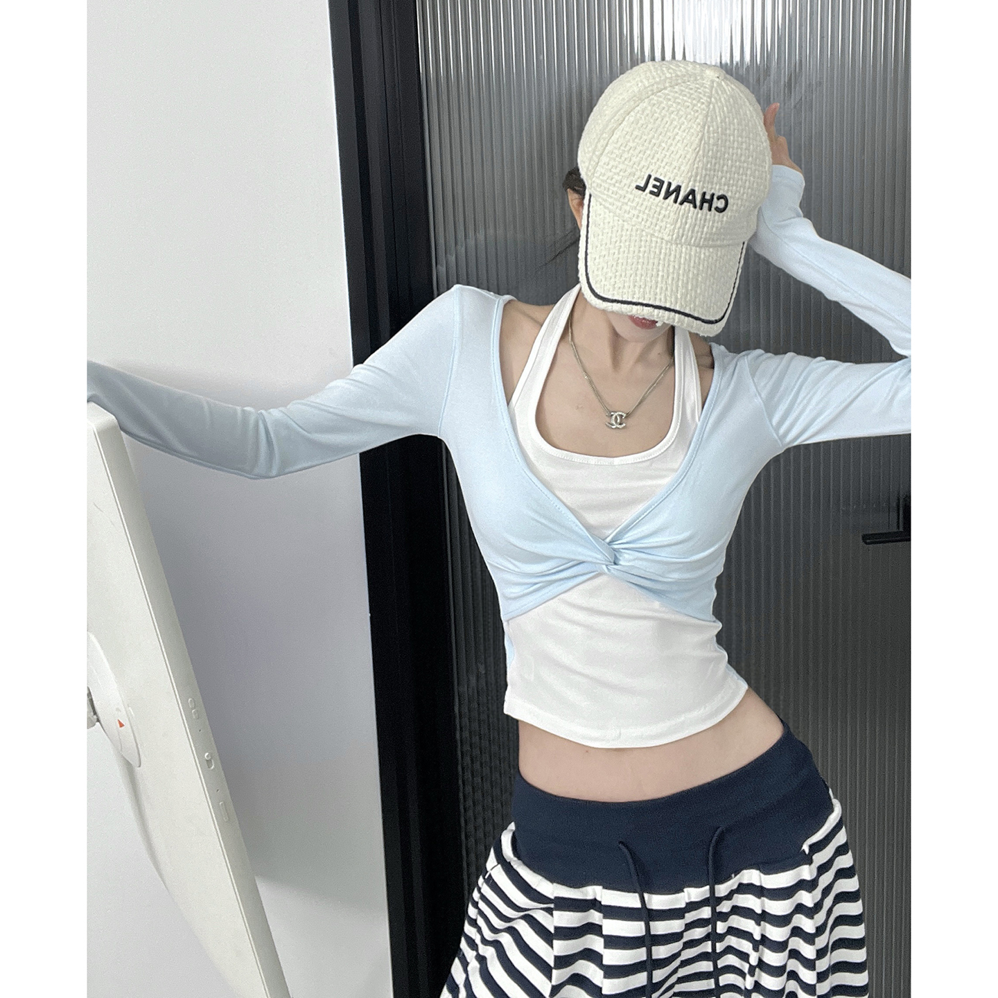 复古设计感假两件长袖T恤女