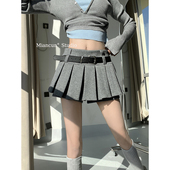 学院风复古防走光百褶裙女秋冬新款 低腰显瘦百搭简约毛呢半身短裙