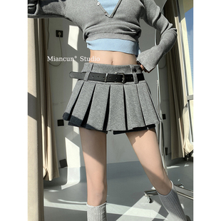 学院风复古防走光百褶裙女秋冬新款低腰显瘦百搭简约毛呢半身短裙