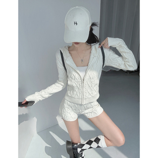 套装 MianCun「sk1ms白女」时髦绞花连帽拉链针织外套毛线短裤 开衫