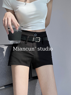 显瘦黑色腰带热裤 百搭气质修身 春夏新款 辣妹性感高腰紧身休闲短裤