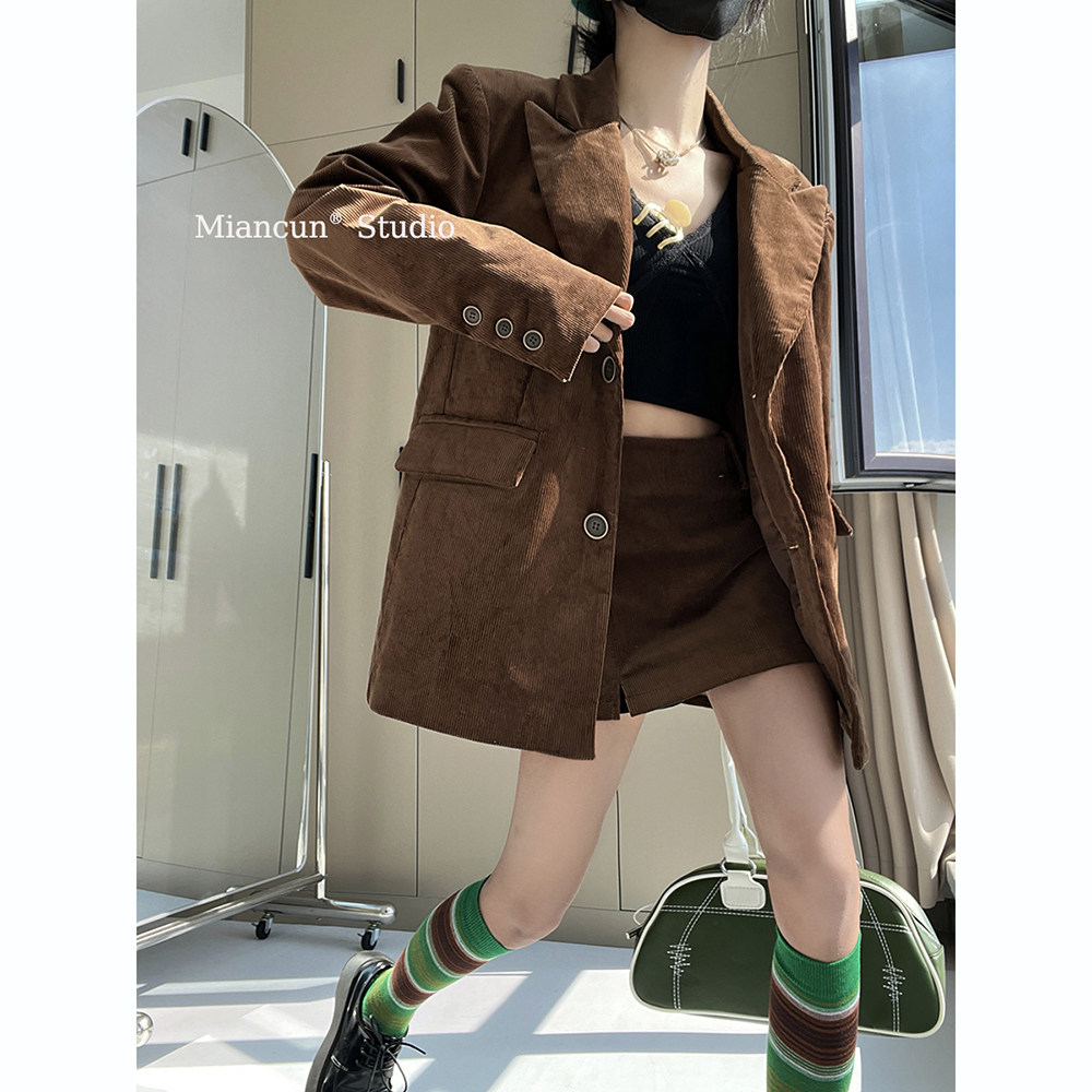 高级感休闲宽松复古灯芯绒西装外套女棕色性感一步裙半身裙套装