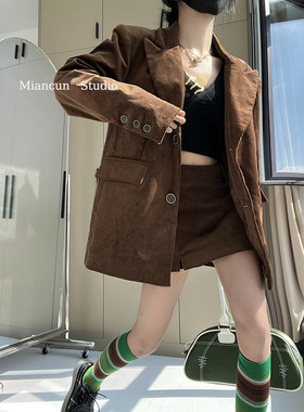 宽松复古灯芯绒西装外套女