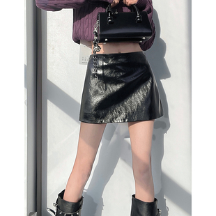 MianCun复古性感小低腰黑色PU皮裙裤女设计感包臀裙A字半身短裙