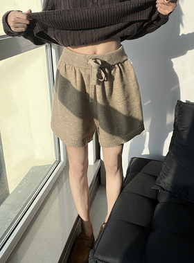 MianCun韩系软糯针织短裤女冬宽松百搭A字阔腿裤松紧腰抽绳休闲裤