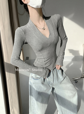 MianCun纯欲超显身材性感V领修身显瘦打底衫长袖套头百搭T恤上衣