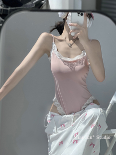 性感辣妹粉色蕾丝边连体衣设计吊带背心内搭卡戴珊同款 上衣 无袖