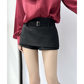 百搭假两件双层A字条纹短裙裤 MianCun自制复古灰色休闲西装 短裤 女