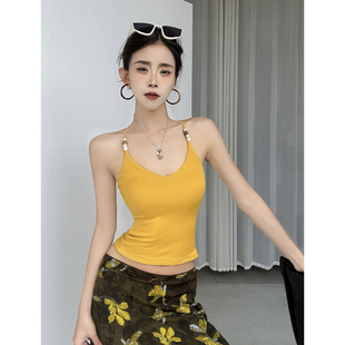 紧身性感辣妹复古美背上衣 MianCun设计感串珠挂脖吊带背心女=夏季