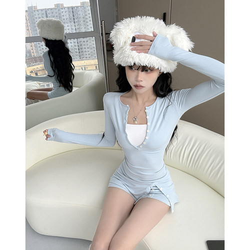 美式亨利领蓝色修身长袖T恤女紧身上衣性感低腰纽扣开叉短裤套装