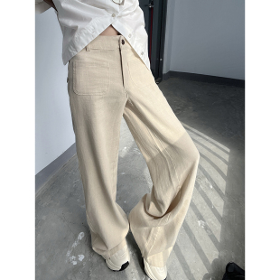 苎麻氧吧舒适贴袋设计棉麻微宽松直筒裤 女 春秋高腰休闲阔腿长裤