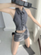 套装 低腰超短裙裤 露背上衣 格雷系职场辣妹高级感挂脖背心无袖
