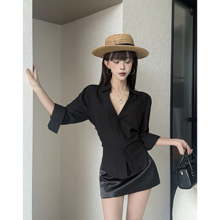 MianCun美背“蝴蝶腰shirt”亚麻衬衫女夏季新款短袖收腰小上衣