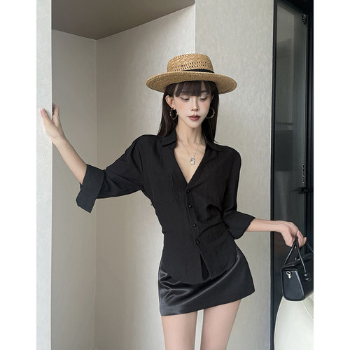 MianCun美背“蝴蝶腰shirt”亚麻衬衫女夏季新款短袖收腰小上衣