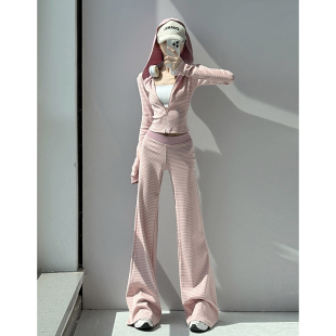 低腰微喇阔腿裤 连帽卫衣女秋季 两件套 复古条纹修身 MianCun美式