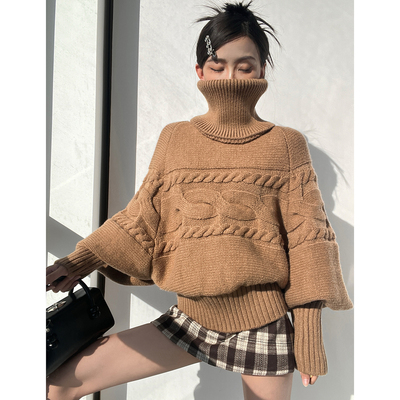 法式高级感卡其高领套头毛衣女冬季新款慵懒风宽松软糯针织衫上衣