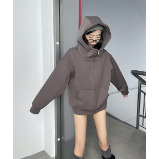 MianCun美式 外套 复古高街连帽立领卫衣女秋宽松慵懒风拉链开衫