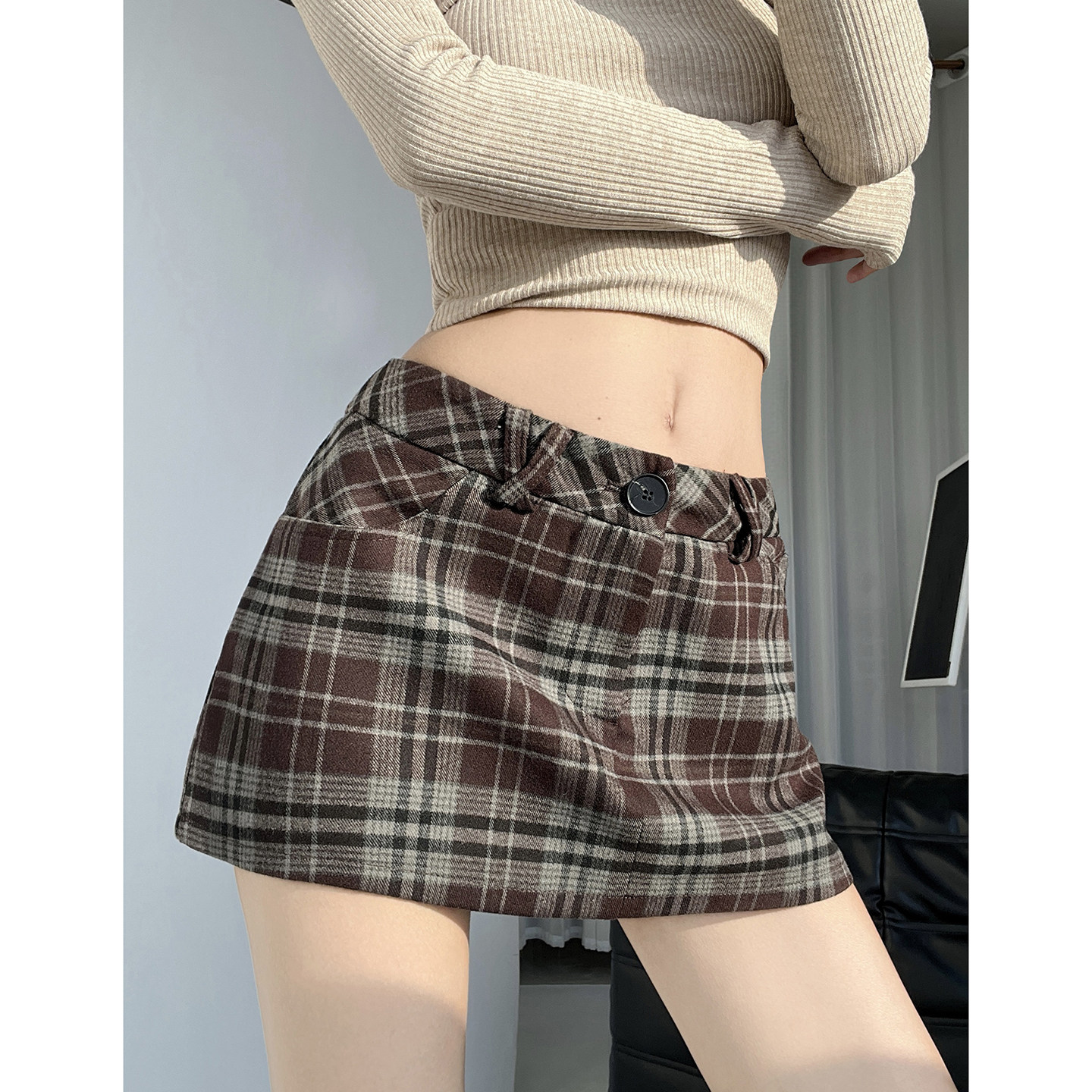MianCun几何艺术双色复古格纹半身裙女春季毛呢短裙子百搭A字裙,女装/女士精品,半身裙,淘宝优惠券,粉丝福利购,淘宝优惠卷