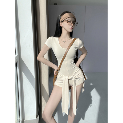 美式辣妹短袖连体裤女春季连衣裤紧身裤子收腰连身短裤绑带两件套
