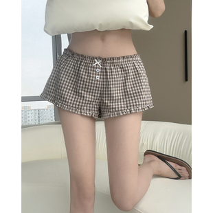 MianCun低腰纽扣蝴蝶结格纹休闲短裤女夏季设计感显瘦包臀花苞裤