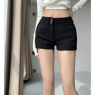 牛仔短裤 丰胯包臀热裤 女夏季 直筒裤 高腰辣妹修身 黑色双扣弹力修身