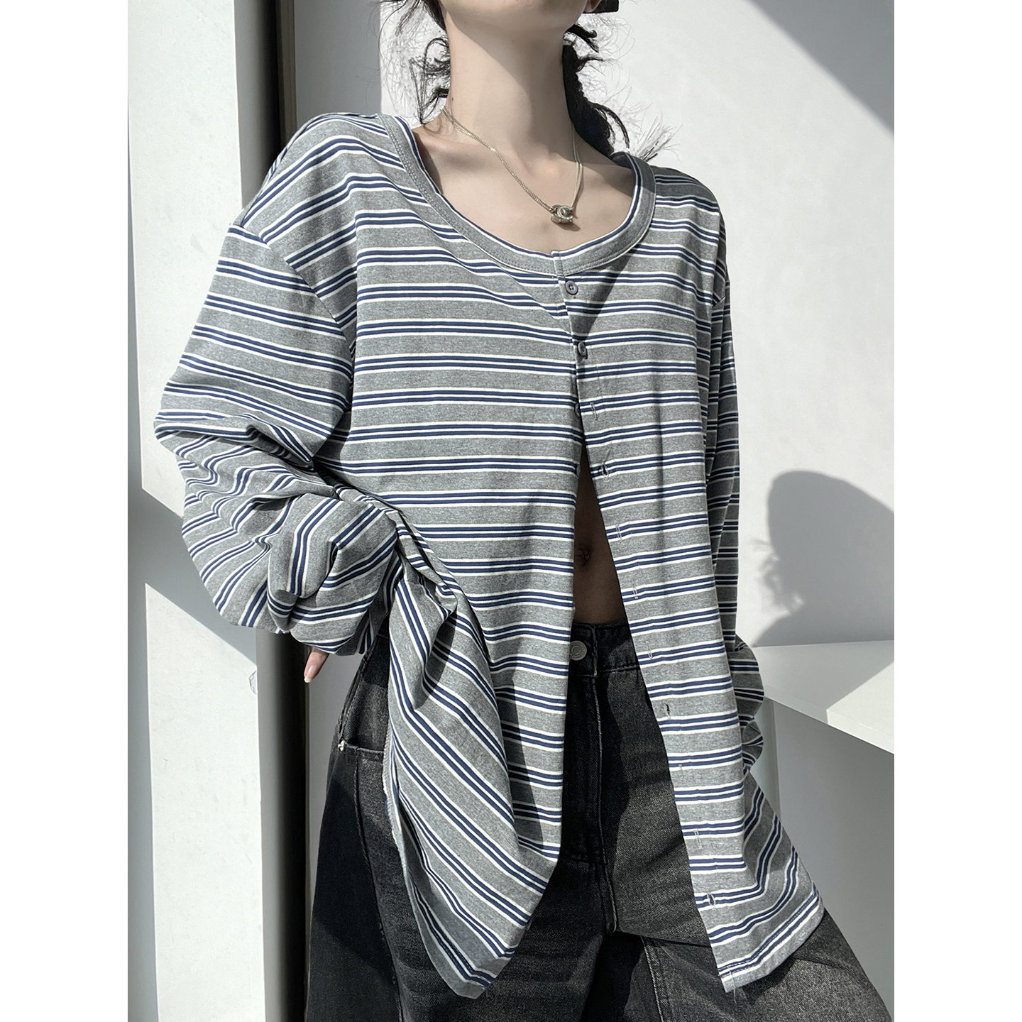 MianCun黄礼志同款拼色条纹单排扣T恤女慵懒休闲宽松长袖开衫上衣