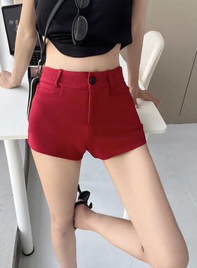 MianCun基础款百搭腰带短裤女春夏辣妹高级感显瘦休闲红色热裤