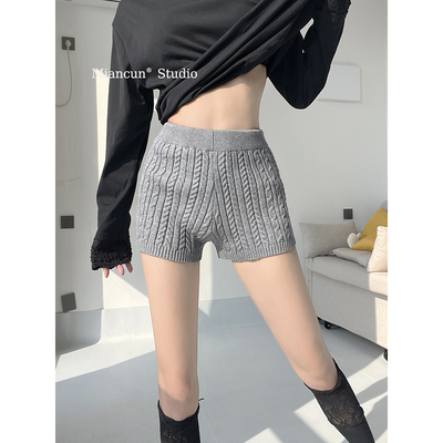 美式基础麻花纯色针织短裤女