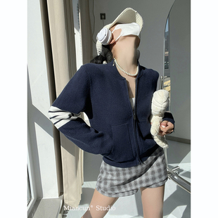 宅女款单排扣针织开衫外套女2026春秋新款小个子拉链毛衣外搭上衣