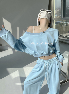 美式复古露肩长袖卫衣女秋季新款休闲运动套装抽绳阔腿长裤两件套