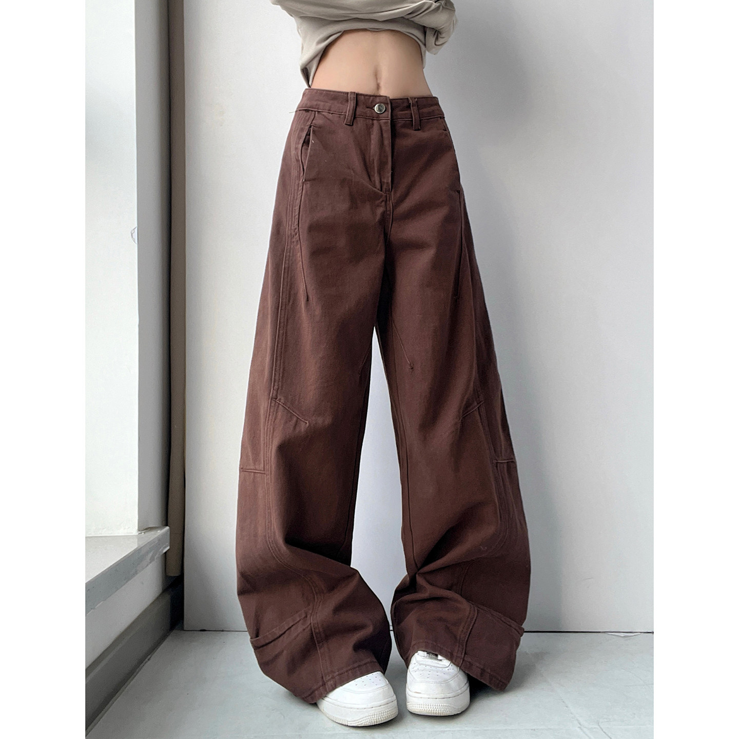 MianCun棕色牛仔裤女春秋季2026新款美式工装裤设计感宽松阔腿裤