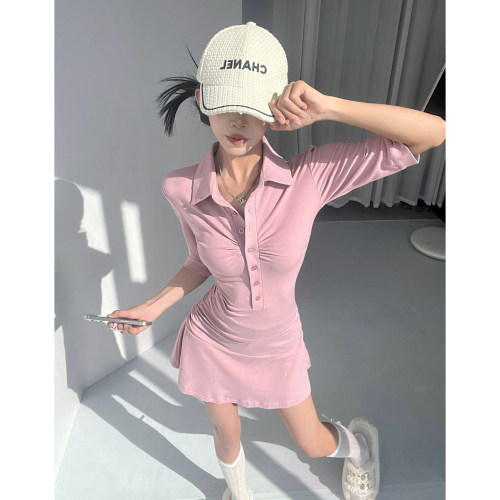 超显身材衬衫式V领连衣裙女夏季小众设计感修身辣妹气质a字裙子