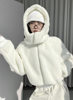 MianCun冬季加厚保暖连帽卫衣拉链开衫短款休闲羊羔绒毛毛外套女