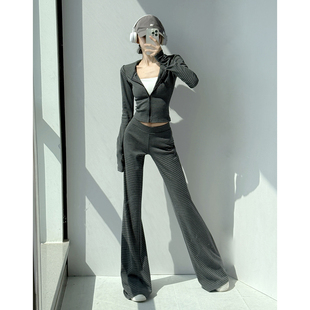 MianCun慵懒周末outfit条纹修身显瘦连帽卫衣套装女微喇休闲裤