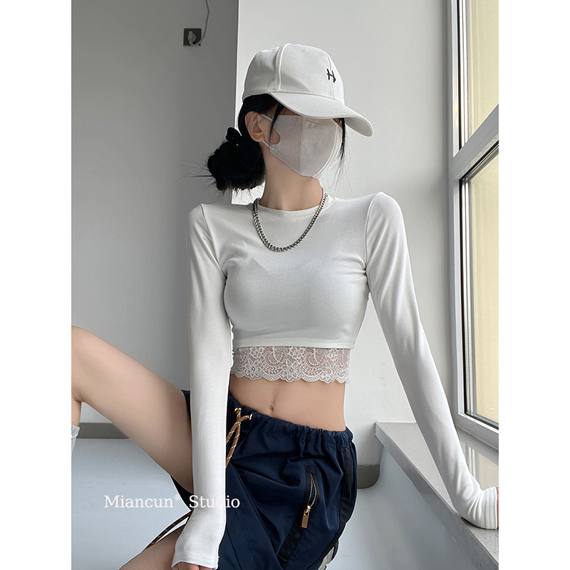 纯欲风蕾丝边显身材长袖T恤女