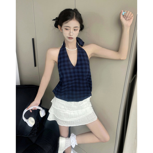 MianCun复古格纹挂脖系带背心吊带2026夏季新款无袖深V领上衣女