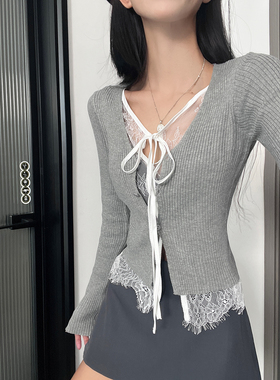 MianCun灰色蕾丝假两件针织长袖t恤女秋季内搭修身拼接设计感上衣