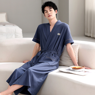 睡袍男士夏季纯棉短袖华夫格薄款2025新款夏天男款大码浴袍家居服
