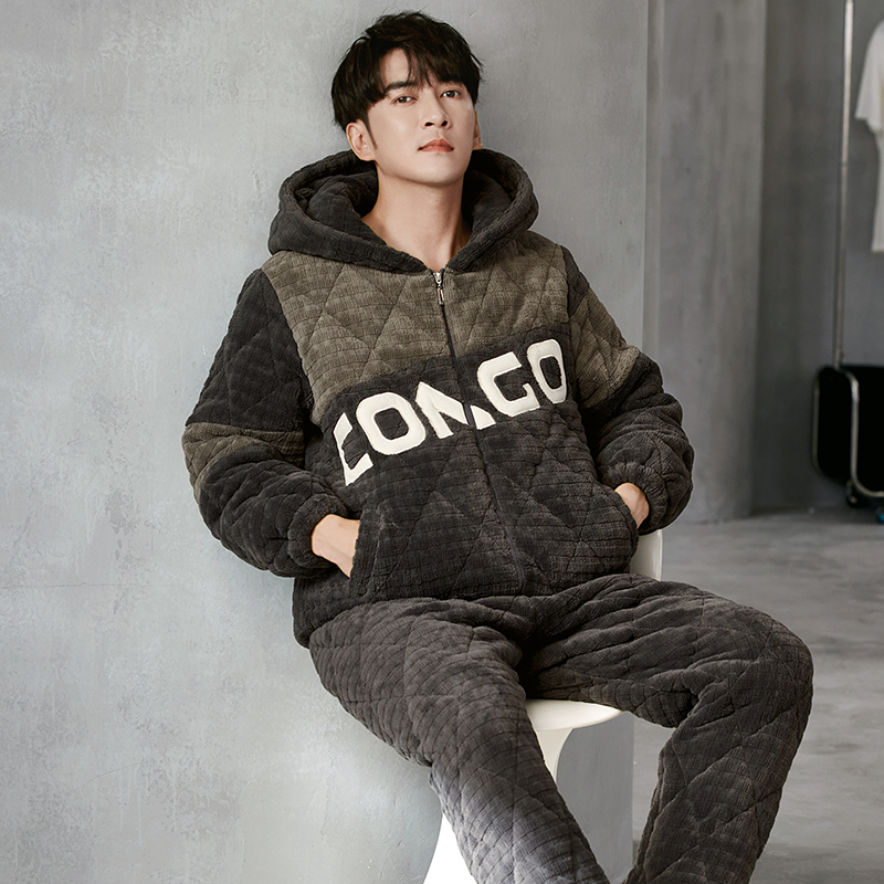 睡衣男士冬季珊瑚绒三层加厚夹棉