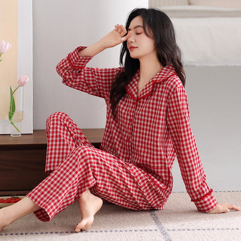 梭织棉纱布睡衣女春秋款纯棉长袖2025新款带胸垫秋冬季家居服套装,女士内衣/男士内衣/家居服,睡衣/家居服套装,淘宝优惠券,粉丝福利购,淘宝优惠卷