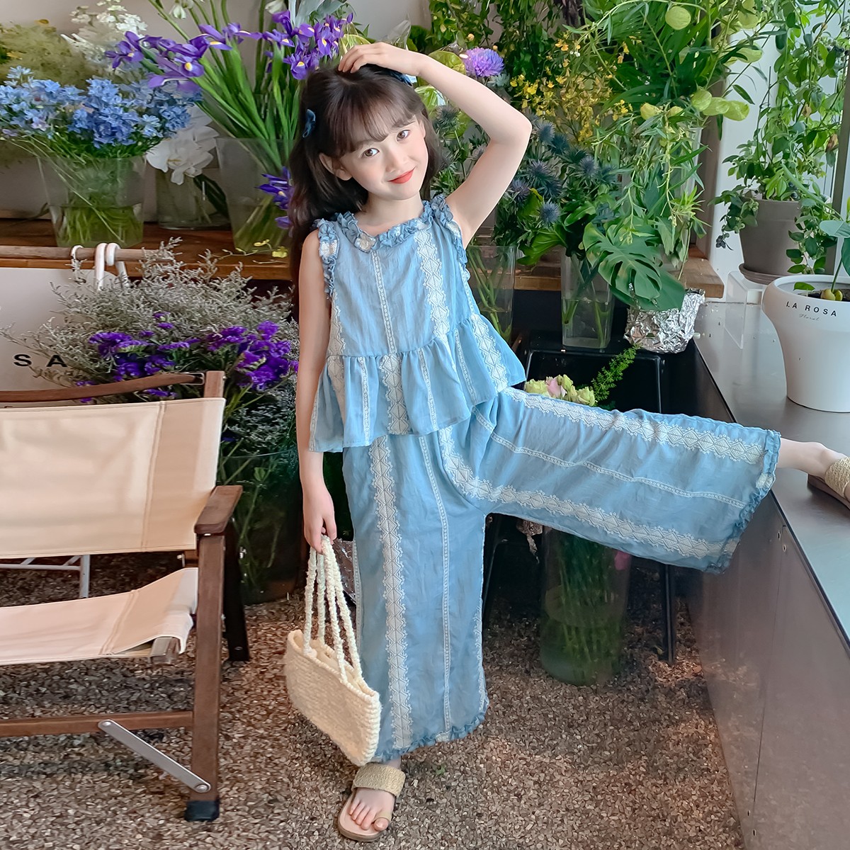 法国女童夏装套装2025新款小女孩夏季宽松衣服儿童夏款长裤两件套