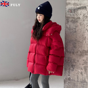 英国FULY儿童羽绒服男款女童中大童短款加厚连帽90白鸭绒冬装外套