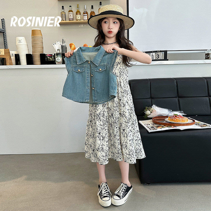 韩国ROSINIER女童夏季套装2026新款女孩碎花牛仔连衣裙儿童两件套