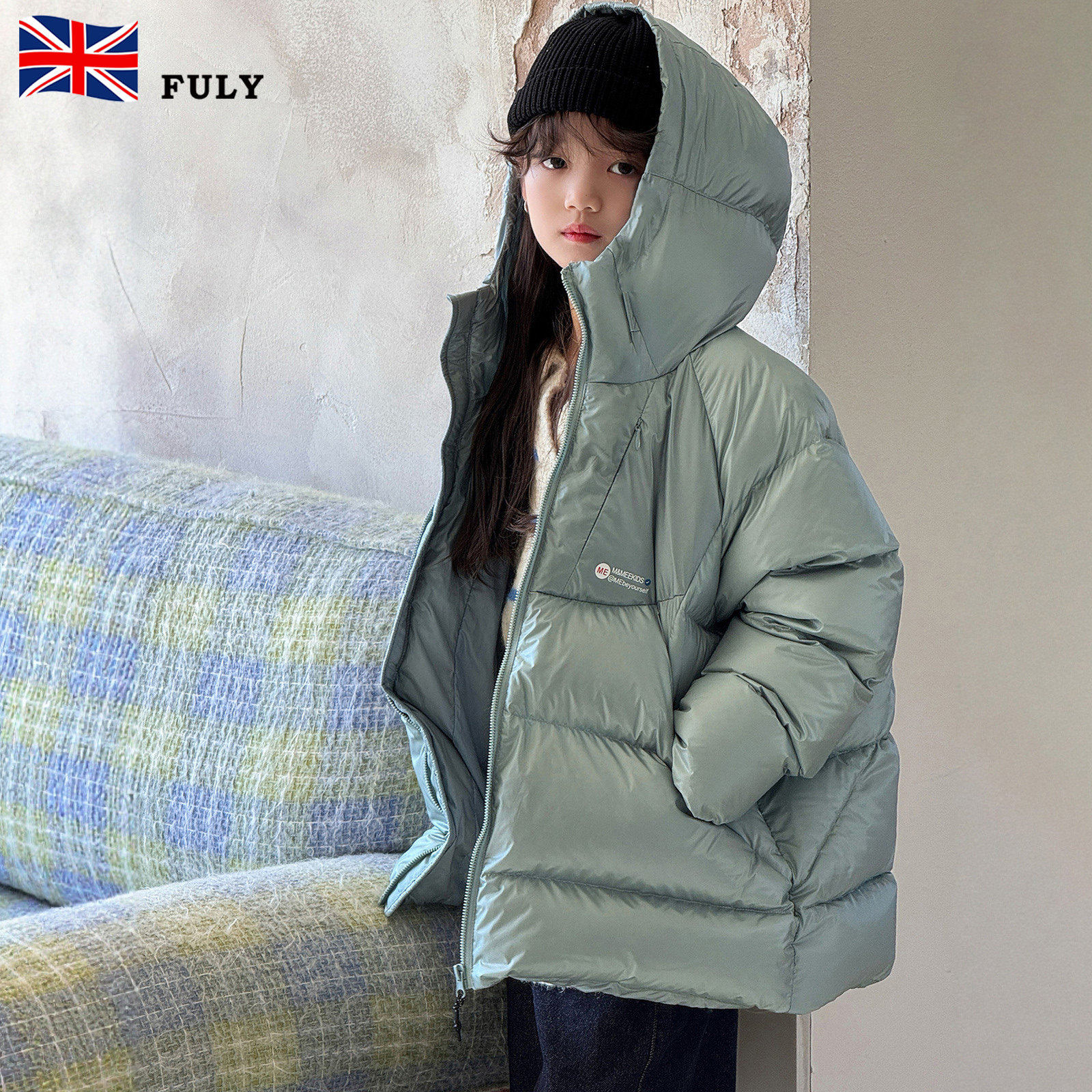 英国FULY儿童工装羽绒服男款女童短款加厚90白鸭绒冬装冲锋衣外套