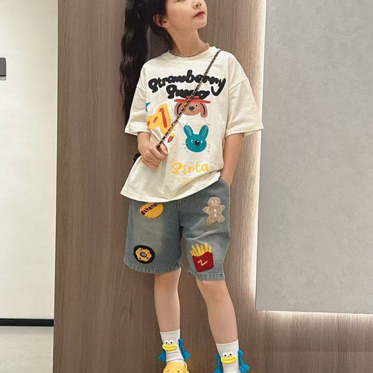 法国Uamtor女童牛仔短裤套装夏季2026新款短袖洋气炸街夏装两件套