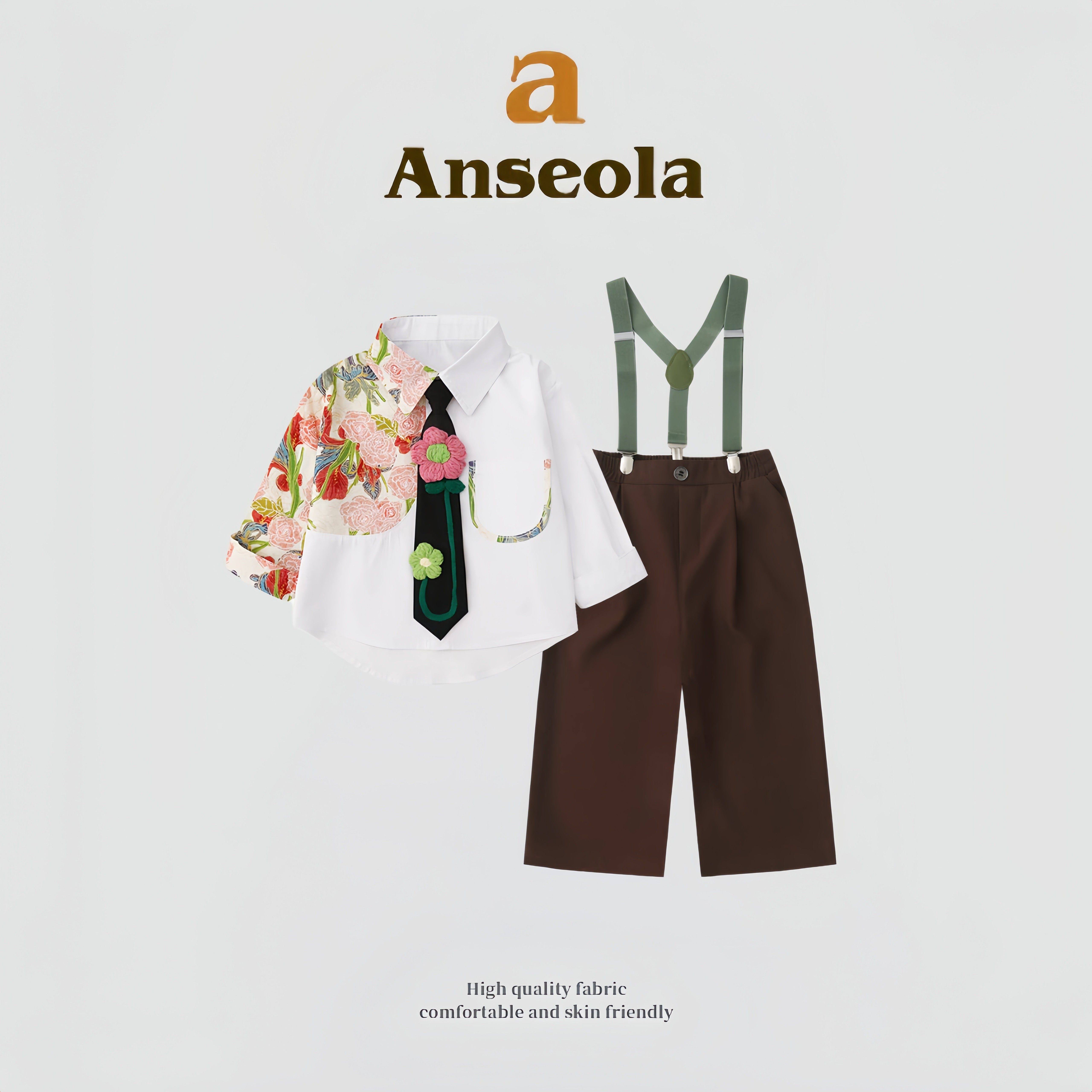 anseola男童春秋衬衫背带