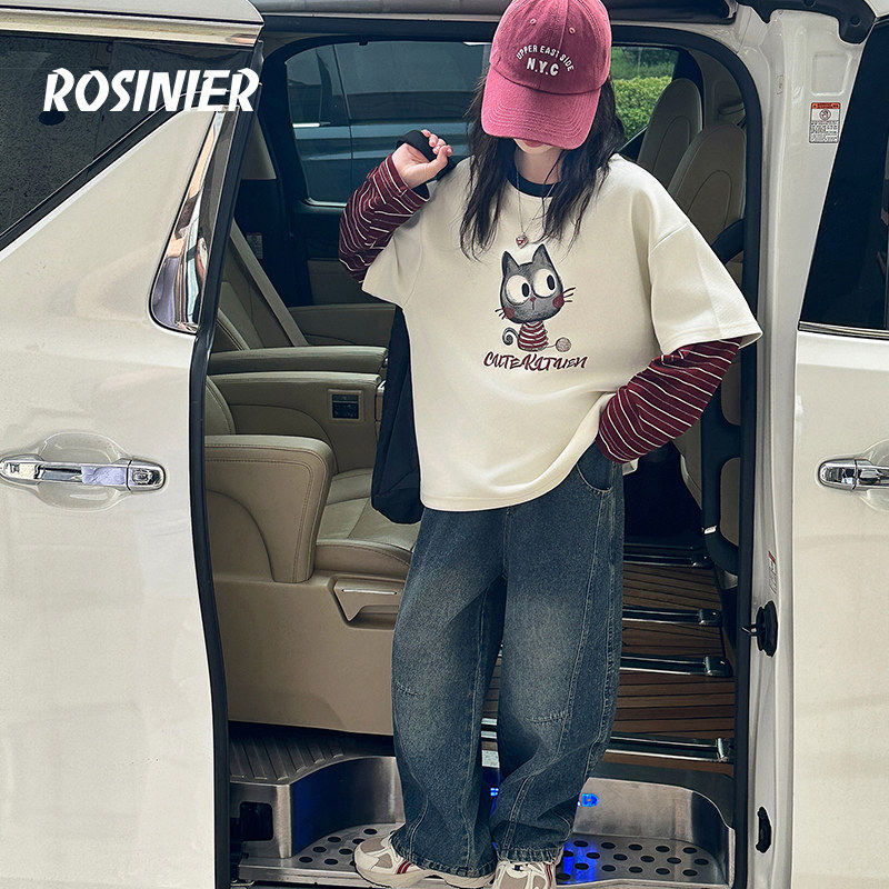 韩国ROSINIER女童长袖T恤2026新款大童春季假两件打底衫儿童春装