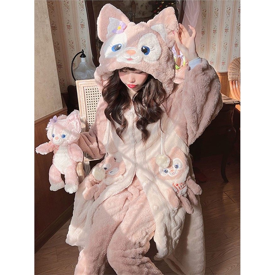 法国OIMG卡通可爱琳娜贝尔睡衣女款秋冬季珊瑚绒加绒加厚睡袍长款