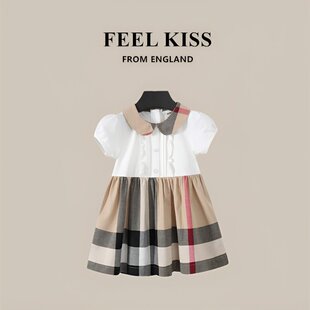 英国Feelkiss小童夏装女童娃娃领格子连身裙高端洋派英伦公主风裙
